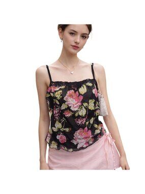 Vtg Y2K Star City Black Pink Floral Lace Cami Top Soft Girl Whimsigoth Womens L